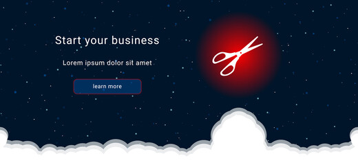 Business startup concept Landing page screen. The scissors symbol on the right is highlighted in bright red. Vector illustration on dark blue background with stars and curly clouds from below