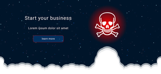 Business startup concept Landing page screen. The skull on the right is highlighted in bright red. Vector illustration on dark blue background with stars and curly clouds from below