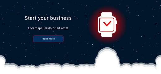 Business startup concept Landing page screen. The smart watch symbol on the right is highlighted in bright red. Vector illustration on dark blue background with stars and curly clouds from below
