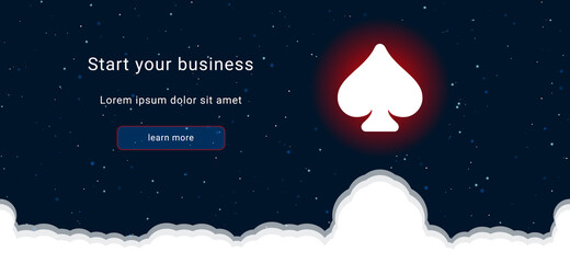 Business startup concept Landing page screen. The spade on the right is highlighted in bright red. Vector illustration on dark blue background with stars and curly clouds from below