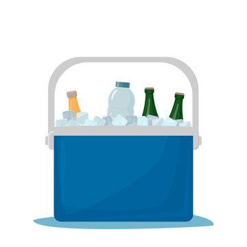 Cooler Bag. Cold Drinks. Portable Refrigerator. Car Refrigerator. Ice Box With Drinks. Open Fridge With Drinks. Vector Illustration Isolated On White Background