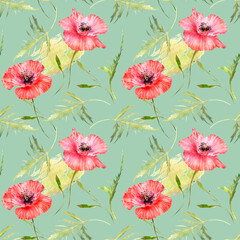 Seamless pattern with poppies and watercolor spots.