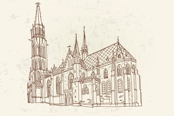 vector sketch of St. Matthias Church in Budapest, Hungary.