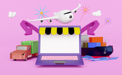 shop on laptop with trailer and cargo ship and plane on pink background ,digital marketing plan and air cargo trucking, maritime shipping ,land transport concept ,3d rendering