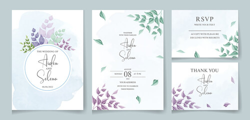 Wedding invitation template set with soft green watercolor floral frame and border decoration. botanic illustration for card composition design