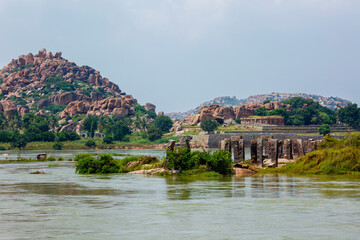 Ancient ruins in Hampi near Tungabhadra river, Hampi, Karnataka, India