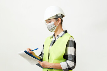 Engineer woman worker with hard hat and paper clipboard