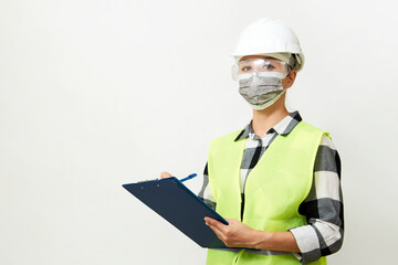 Engineer woman worker with hard hat and paper clipboard