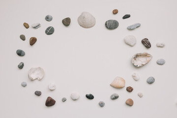 Sea shells pattern on white background. Summer, Vacation on Sea, Travel concept. Flat lay, top view