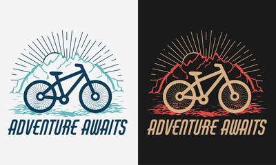 adventure awaits with cycle, mountain and sunrise, vector modern logos of camping theme, suitable for apparel, mug, t-shirt design and many others, vector illustration