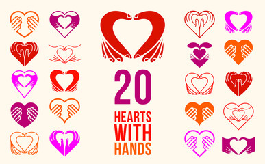 Hearts with hands vector logos or icons set, heart hand fingers signs, hands giving love, showing love, care and support, protection or relationship concept.