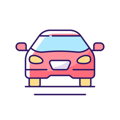 Sedan car RGB color icon. Fast personal transport. Hybrid auto for family trips. Front of auto. Isolated vector illustration. Automobile for everyday routine transits simple filled line drawing