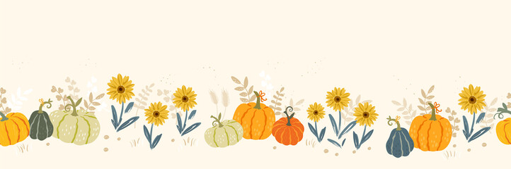 Lovely hand drawn Thanksgiving seamless pattern with pumpkins and sunflowers, great for textiles, table cloth, wrapping, banners, wallpapers - vector design