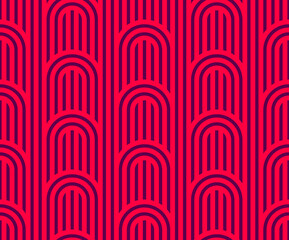 Linear seamless background with twisted lines, vector abstract geometric pattern, stripy weaving, optical maze, web network. Red color design.