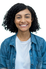 Passport photo of a laughing mexican young adult woman