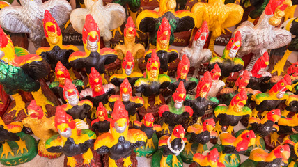 Colorful of a many chicken statues , Thailand