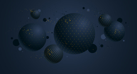 Black and yellow dotted spheres vector illustration, abstract background with beautiful balls with dots, 3D globes design concept art.