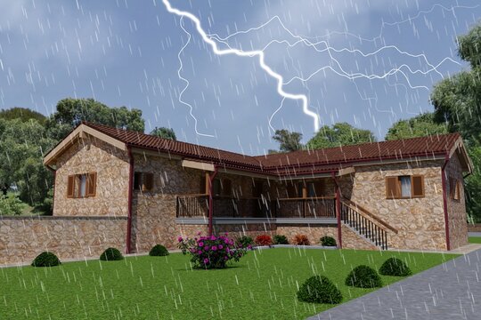Stone house with garden and flowers, summer rain with lightning in the sky.
