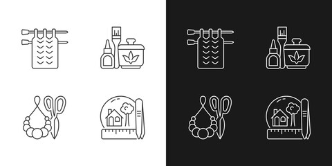 Creative crafts linear icons set for dark and light mode. Knitting. Handmade pom pom jewelry. Decoupage. Customizable thin line symbols. Isolated vector outline illustrations. Editable stroke
