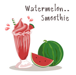watermelon smoothie and ripe fresh watermelon vector on white color background. Vector illustration.