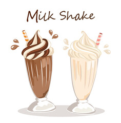 The glasses of various milkshakes (chocolate and vanilla) isolated on white background. Vector illustration.