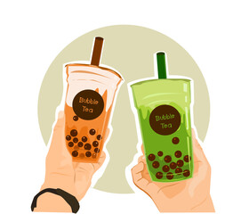Two hands are holding a bubble teacup. Boba tea, a popular Asian sweet drink, in flat cartoon style. Elements are isolated.