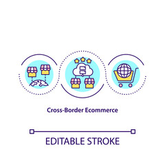 Cross border ecommerce concept icon. Wordwide marketplace. Creating online business. Remote selling abstract idea thin line illustration. Vector isolated outline color drawing. Editable stroke