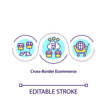 Cross Border Ecommerce Concept Icon. Wordwide Marketplace. Creating Online Business. Remote Selling Abstract Idea Thin Line Illustration. Vector Isolated Outline Color Drawing. Editable Stroke