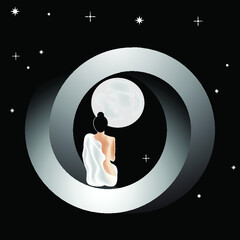 A woman sits in an impossible ring floating in the night sky.