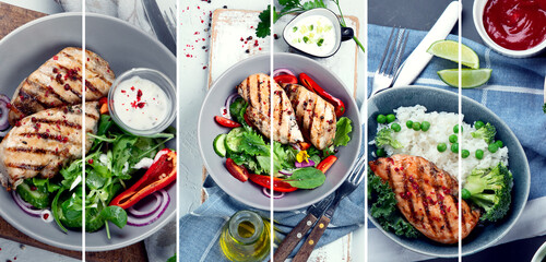 Collage of grilled chicken breast or fillet and boiled white rice.