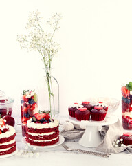 Delicious cake and cupcakes in red on white background. Table setting for celebration.