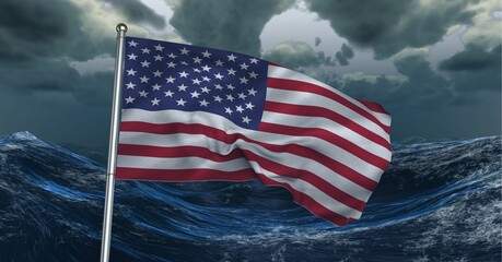Composition of waving american flag against stormy sky and sea