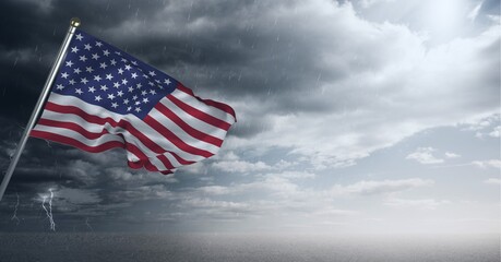 Composition of waving american flag against stormy sky and seaside