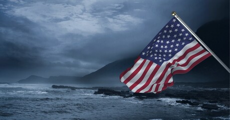 Samenstelling van wuivende Amerikaanse vlag tegen stormachtige lucht en aan zee