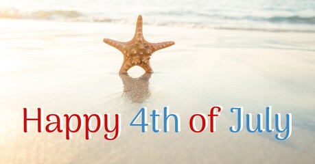 Composition of happy 4th of july text over american flag, starfish and sea - obrazy, fototapety, plakaty