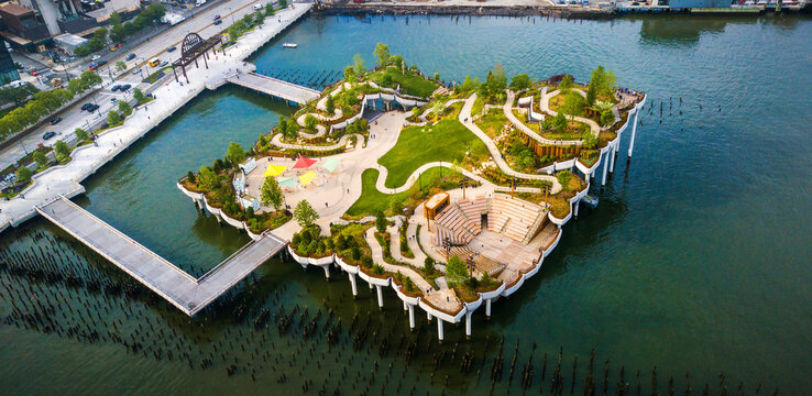 New York, United States - June 1, 2021:  Little Island park at Pier 55 in New York new landmark of the city