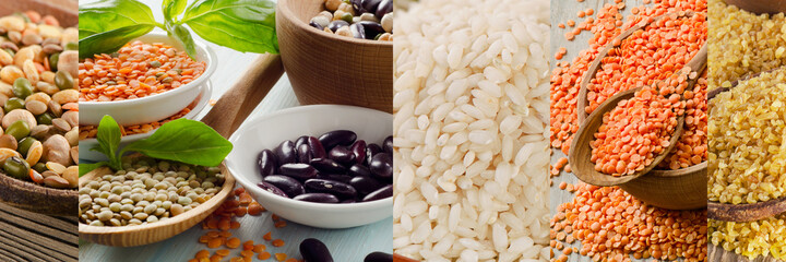 Collage of grain and cereals. Food ingredients.