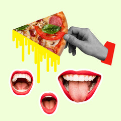 Fast food. Human mouth with red lips and the tongue as a pizza's slice on yellow background. Negative space to insert your text. Modern design. Contemporary art collage.