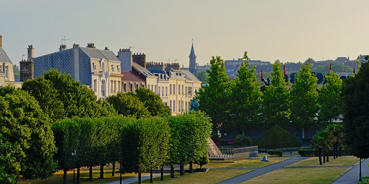 Square auguste mariette pacha with park and traditional houses on a sunny morning in Boulogne sur Mer, Oise, France, high angle view from the old city walls 