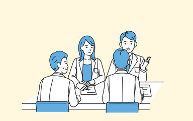 ミーティングをする医者　科学者　会議　白衣を着た男女　イラスト素材