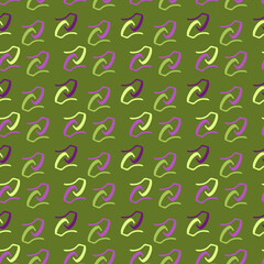 Pink, burgundy and light green curved lines on a green background. Seamless pattern. For wallpapers, textiles and backgrounds.