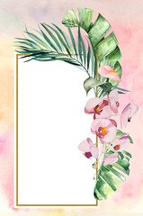 Watercolor tropical leaves and flowers frame isolated illustration