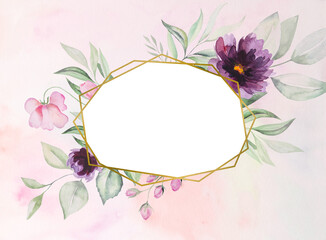 Watercolor purple flowers and green leaves frame illustration