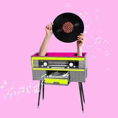 How to make a good sound. Female hands holding retro vinyl record against purple background. Music...