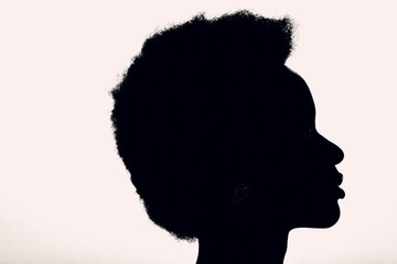 Close up profile silhouette portrait of african american woman with afro hairstyle on white studio...