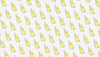 Dropper glass bottles with pipette. Transparent hyaluronic natural beauty mineral product and eco serum skin care concept. Top horizontal view copyspace. Summer juicy colors