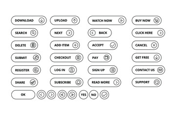 Set of vector rounded linear buttons with icons for website, online store and web application.