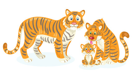 Fototapeta na wymiar Happy family of tigers. Two adult tigers with a cub. In cartoon style. Isolated on white background. Vector flat illustration.