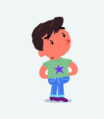 cartoon character of little boy on jeans doubting.