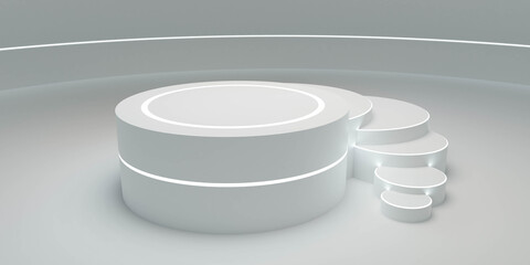 Round white stage podium illuminated with light backdrop 3d render illustration